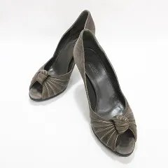 グッチ GUCCI パンプス オープントゥ スエード ブラウン ゴールド 35C ☆AA★
