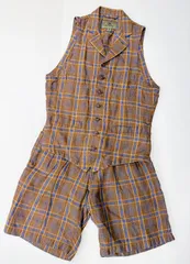 △▼△0356　Nigel Cabourn　ナイジェルケーボン　チェック柄　ベスト　ショートパンツ　ブラウン系　麻１００％のサムネイル