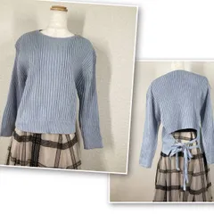 未使用 ビス 2WAY バックリボン ニット F ブルー VIS 5分袖 プルオーバー 洗える ボートネック 背中あき 鮮やか 春服 美品