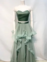 2442 キャバクラ　ロングドレス　セットアップ　フリル　サテン　ベアトップ　シアー　バースデー　誕生日　イベント　華やか　キャバドレス　38