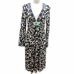 チェスティ Chesty ワンピース ひざ丈 Vネック 総柄 長袖 1 S アイボリー 白 ホワイト 黒 ブラック /YK