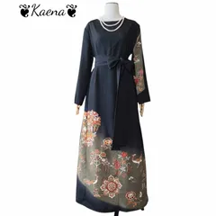 着物リメイク ロングワンピース  大きいサイズ 黒留袖 Aライン マキシ丈ドレス 向かい鳥花文 金彩 暈し染め  ブラック 黒