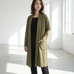 【新品/体型カバー】canacreer 薄手 ニットソー ロング カーディガン M-L ｜ チュニック丈 ゆったり レディース きれいめ カジュアル 大人可愛い 春 夏 秋 冬 無地 カーキ