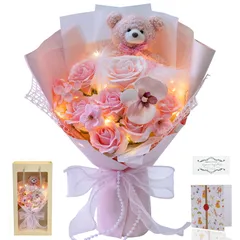 ソープフラワー 母の日 花束 バラ 造花 可愛いくま 誕生日 バレンタインデー 敬老の日 卒業式 入学式 お祝い 女性 退職祝い 結婚祝い花 発表会 フラワー ブーケ ギフト光るLED ライト 付き(ピンク)Mm 00f0fc49