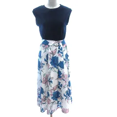 リエンダ rienda ドッキングワンピース マキシ ロング ニット 花柄 ノースリーブ ウエストマーク F 紺 ネイビー /AU