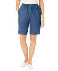 ウーマン ウィズイン レディース ボトムス ハーフパンツ・ショーツ コットン デニム Woman Within Womens Within 7Day ElasticWaist Cotton Denim Short Medium stonewash デニム