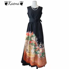 着物リメイク ロング ギャザー ワンピース  黒留袖 Aライン マキシ丈ドレス 飛鶴松吉祥花文  作家物 山本寛斎 金彩 駒刺繍 暈し染め ブラック 黒