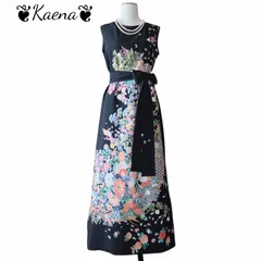 着物リメイク ロングワンピース  黒留袖 Aライン マキシ丈ドレス 花籠文  作家物 友禅 ブラック 黒