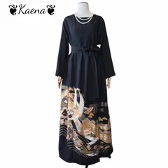 着物リメイク ロングタック ワンピース 大きいサイズ  黒留袖 Aライン マキシ丈ドレス 飛鶴花文 金彩  ブラック 黒