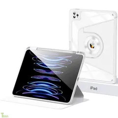 ホワイト 磁気吸着iPad Air 13インチ 2025(M3)/2024(M2)/Pro 12.9 カバー 縦置き 分離式 360度回転式 透明ペン収納 子供 耐衝撃 カバー マグネットス吸着式タブレットPCケース 軽量,