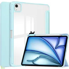 For iPad Air 13インチ ケース M4/M3/M2、2026/2025/2024 iPad Air 13インチカバー 透明バック【Trocent】タブレットケース ペンホルダー付き 三つ折 スタンド機能 手帳型 背面透明 軽量 衝 (スカイブルー)