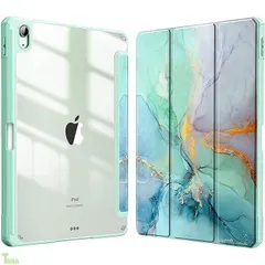 For iPad Air 13インチ ケース M4/M3/M2、2026/2025/2024 iPad Air 13インチカバー 透明バック【Trocent】タブレットケース ペンホルダー付き 三つ折 スタンド機能 手帳 オートスリープ機能(マーブルグリーン)