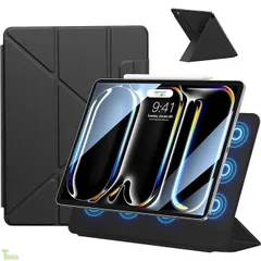 iPad Pro 12.9インチ ケース 第6/5/4世代(2022/2021/2020）用 iPad Air 13インチ ケース M2 2024通用 横置＆縦置 角度調整可能 三角形スタンド 強力マグネット吸着 Pencil対応 極薄 軽量 オ (ブラック)