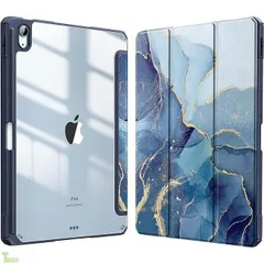 For iPad Air 13インチ ケース M4/M3/M2、2026/2025/2024 iPad Air 13インチカバー 透明バック【Trocent】タブレットケース ペンホルダー付き 三つ折 スタンド機能 手帳型 背面透明 軽量 (マーブルブルー)