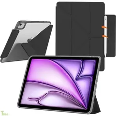 ケース For iPad Air 13インチ (M4/M3/M2) 2026/2025/2024 透明 タブレット カバー Yつ折りスタンド PUレザー クリア PC+TPU 磁気吸収バックル Touch IDと オートスリープ 機能対応 おしゃ (ブラック）
