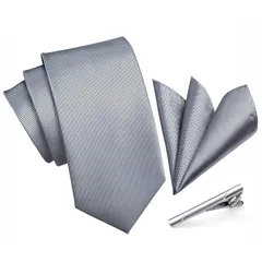 【新品】 [HISDERN] ビジネス用 ネクタイ シルバー チーフ セットメンズ フォーマル ハンカチ おしゃれ ネクタイ 3点セット クリップ 高級 結婚 礼服 メンズ セットA3-01