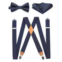 【新品】 [HISDERN] ネイビー メンズ フォーマル サスペンダー 蝶ネクタイ チーフ 3点セット 無地 錆びない 紺色 ズボン吊り 調節可能 X型 幅35mm レディース 紳士用 ホルスター 結婚式 ビジネス カジュアル フォーマル X3-01