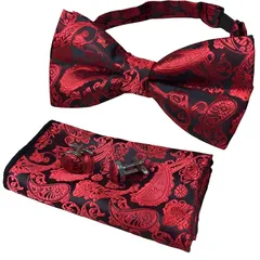 【新品】 [RENASYS] 蝶ネクタイ ポケットチーフ カフスボタン 3点セット ペイズリー柄 ボウタイ タキシード 結婚式 パーティー (ワインレッド) 1