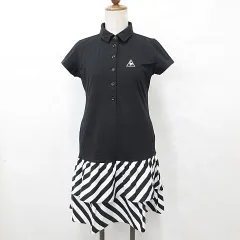 ルコックスポルティフ le coq sportif ゴルフ スポーツウエア ワンピース 半袖 シャツカラー ポロワンピ ティアード ストライプ 黒 白 ブラック ホワイト L