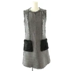 ルネ Rene TISSUE ポケットファー ツイードワンピース 膝丈 ノースリーブ 34 ネイビー /HK ■OS