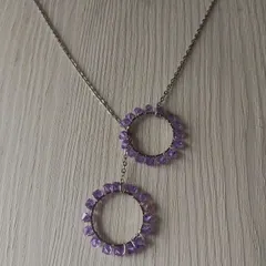 NO34 パープルスワロフスキーのダブルリングネックレス・70cm