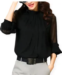 [Dep Club] シアートップス レディース 長袖 フリル ブラウス シースルー トップス 上品 シャツ シフォン オフィス カジュアル きれいめ おしゃれ フォーマル 春 秋 春秋 (M, ブラック) [ブラック] [M]