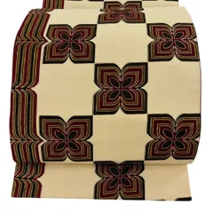 袋名古屋帯 優品 花 幾何学 薄黄 正絹 【中古】