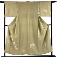 付下げ 身丈151cm 裄丈65cm M 袷 色紙 草花 金糸 金彩 灰緑 正絹 優品 【中古】