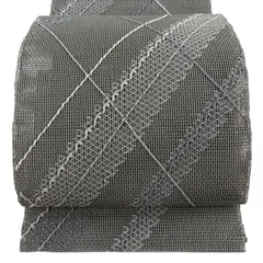 名古屋帯 名品 夏帯 羅 八寸名古屋帯 トンネル仕立て 斜縞 幾何学模様 灰緑 正絹 【中古】
