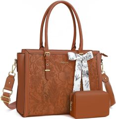 [MOSISO] Laptop Bag, Water-Repellent PU Leather Tote Bag with Pouch, Front Embossed Retro Hibiscus Laptop Case, Silk Scarf with Small Pouch R3 110