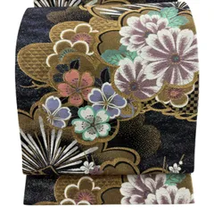 【美品】 袋帯 秀品 振袖向き 松梅 草花 金糸 箔 黒 六通 正絹 【中古】のサムネイル