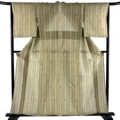 紬 身丈157.5cm 裄丈65cm M 薄物 夏紬 井桁絣 縦縞 灰緑 正絹 名品 【中古】
