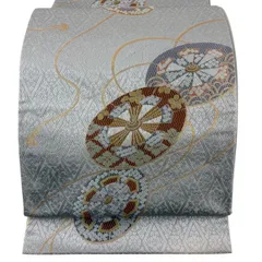 【美品】 袋帯 秀品 源氏車 紐 金糸 箔 灰色 六通 正絹 【中古】