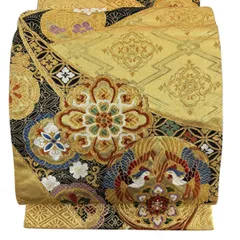 【美品】 袋帯 秀品 向かい鳥 華文 金糸 唐織 金色 六通 正絹 【中古】