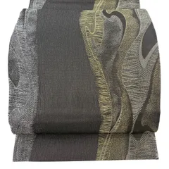 袋帯 秀品 夏帯 流水 よろけ縞 金糸 銀糸 灰茶 六通 正絹 【中古】