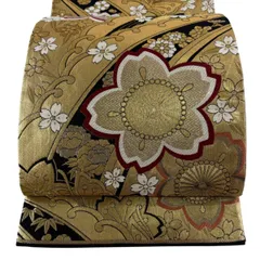 袋帯 秀品 桜 蝶 金銀糸 刺繍 金色 六通 正絹 【中古】