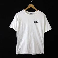 フィラ FILA Tシャツ クルーネック ロゴ 刺繍 コットン 半袖 M オフ白 黒 ブラック