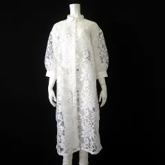 ロウファッジ RAW FUDGE チュール 刺繍 シャツ チュニック ワンピース ロング リーフ柄 シアー 7分袖 M 白 ホワイト 美品