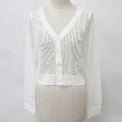 グレイル GRL ニット カーディガン ショート丈 長袖 Vネック 釦前開き メッシュ アイボリー 白 F