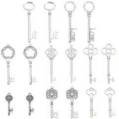 【新品】 SUNNYCLUE　16個8種　鍵　チャーム　カギ　チャーム　かぎ　チャーム　キー　パーツ　魔法の鍵　ピアス　鍵形　イヤリング　キーオーナメント　ネックレス　ミックス　アンティークシルバー　合金　チャーム　アンティーク調　チベット風　チャーム　ア 0