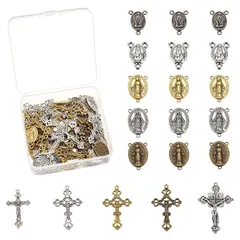 【新品】 70個 4色 クロス ペンダント & オーバル シャンデリアパーツ セット イエス十字架 聖母マリア 合金チャーム リンク キリスト教 チベット風 アンティーク アクセサリーパーツ ジュエリー用 DIY ハンドメイド 手芸 手作り素材 収納ケース 1