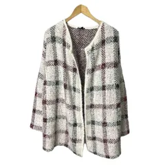 セオリー Theory カーディガン ロング アルパカ モヘア混 ボタンレス チェック S 白 アイボリー レッド ブラック
