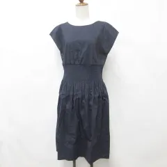 セオリー Theory ワンピース チュニック フレンチスリーブ 半袖 丸首 ひざ丈 フレア ギャザー リネン 麻 紺 ネイビー M
