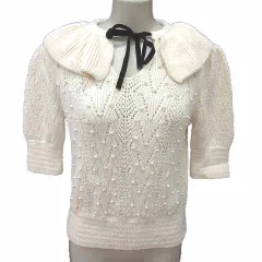 ザラ ZARA ニット セーター ボウタイ パール 五分袖 S 白 ホワイト /YK