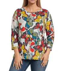 アリ マイルス レディース トップス カットソー プラスサイズ Ali Miles Plusize AllOver Butterfly Round Neck 34 Sleeve Tunic Multi Animal マルチカラー