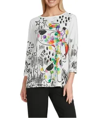 アリ マイルス レディース トップス カットソー プチ Ali Miles Petite Size Novelty Doodle Dog Round Neck 34 Sleeve Tunic Multi Abstract マルチカラー
