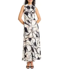 マギーロンドン レディース トップス ワンピース モックネック プリント ノースリーブ ジャージー Maggy London Sketch Print Matte Jersey Mock Neck Sleeveless Dress IvoryMocha アイボ