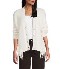 レバ レディース アウター ニット・セーター Vネック ボタンダウン アシンメトリー カーディガン ダウン ニット フリンジ Reba Sage Knit VNeck Asymmetrical Fringe Long Sleeve Button Down Ca