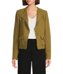 ダナキャラン レディース アウター コート ツイード ジャケット Donna Karan Novelty Frayed Tweed Open Front jacket Smoky Olive オリーブのサムネイル