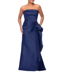 エスケープ レディース トップス ワンピース A ライン ギャザー フリル ストラップレス Xscape Strapless Ruched Waist Ruffle Front Stretch Mikado Aline Gown Navy ネイビー